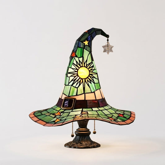Witch Hat Stained Glass Style Accent Lamp with Star and Sun Panels