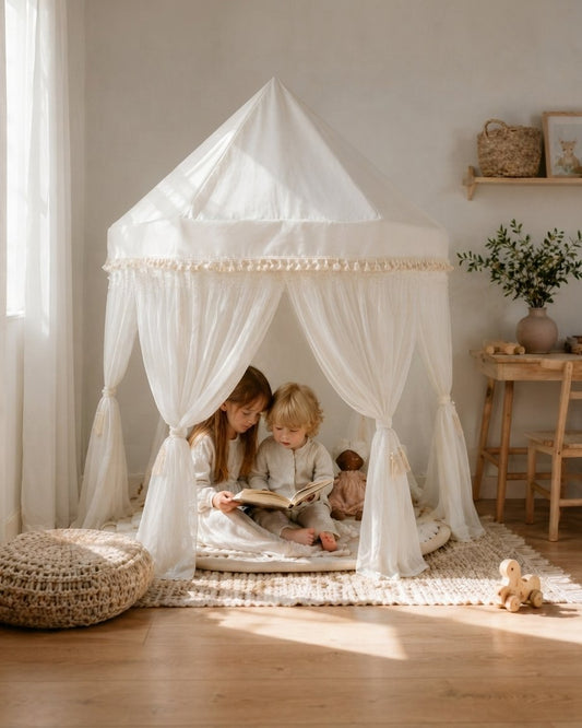 Kids Pavilion Play Tent with Tassel Trim and Tulle Panels, Ecru
