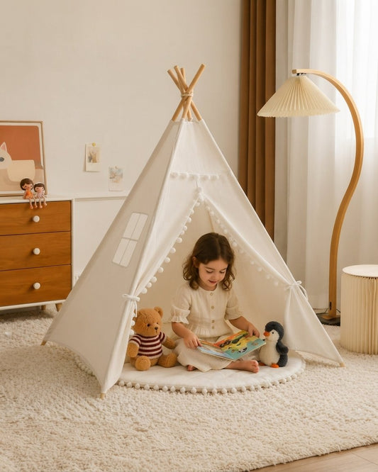Cotton Canvas Teepee Play Tent with Pom-Pom Trim, Cream