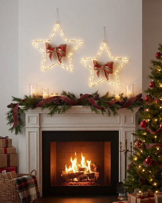 LED Star Lights with White Metal Frame, Warm White, Set of 2