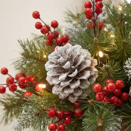 Christmas Hanging Basket with Pinecones, Red Berries and Lights