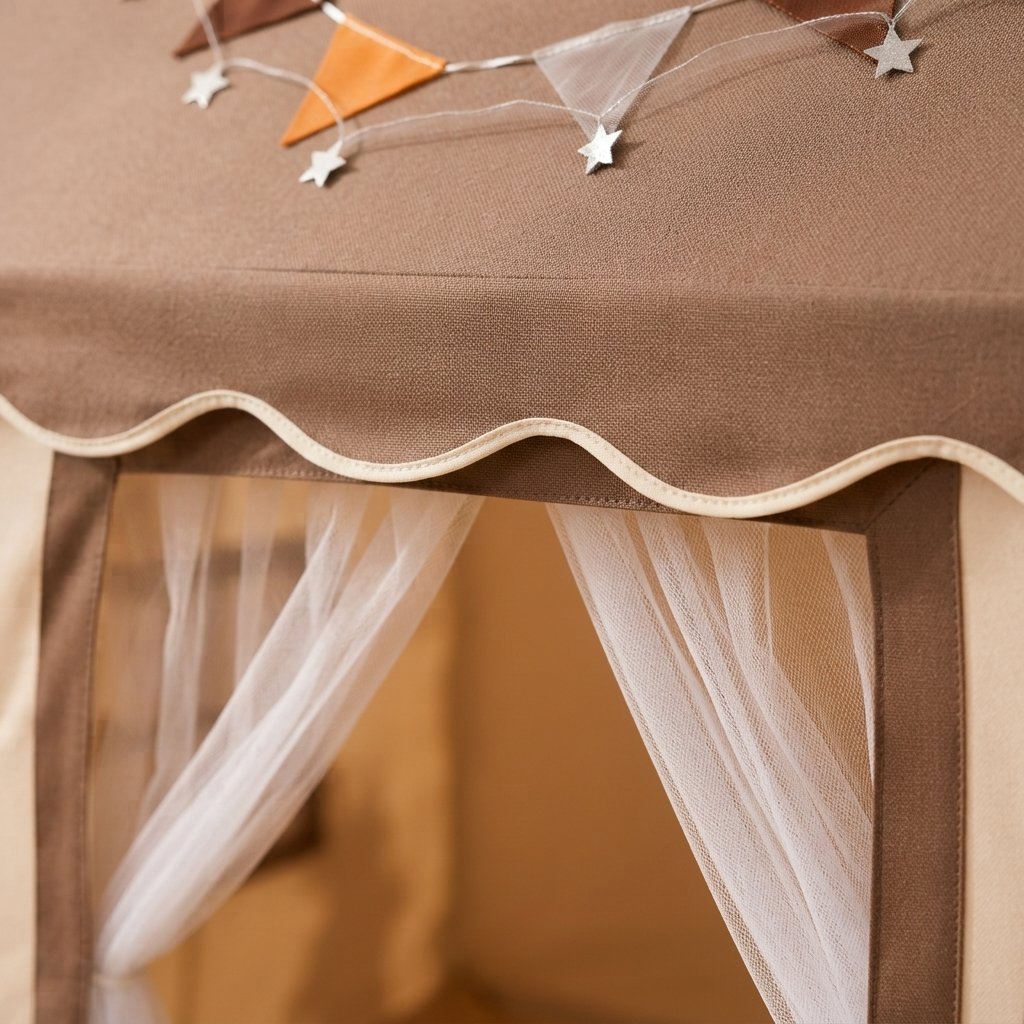 Kids Playhouse Tent with Padded Mat and Sheer Curtain Door, Beige