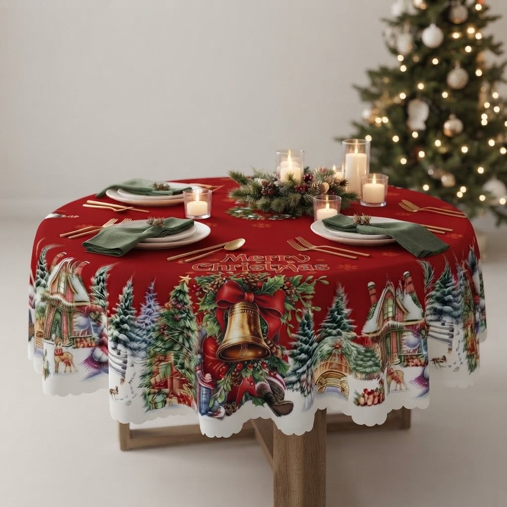 Christmas Tablecloth with Santa and Snowflake Border, Red