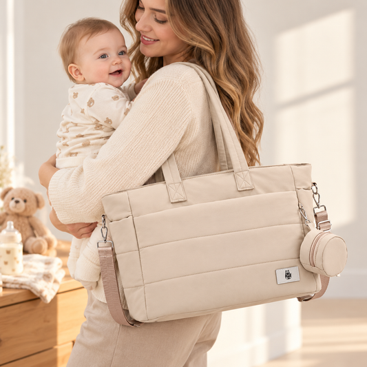 Quilted Cotton Nappy Tote with Pouch, Cream Beige