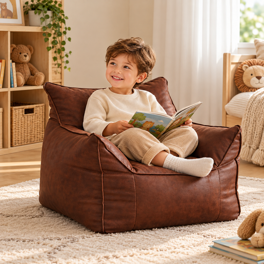 Kids Bean Bag Lounger Cover in Faux Leather, Brown