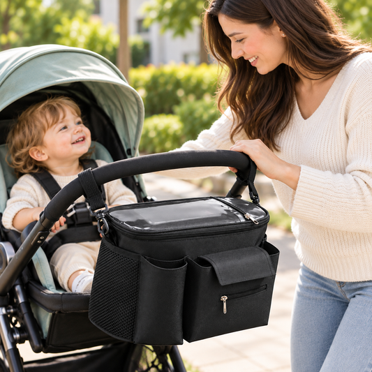 Compact Pram Caddy with Pram Clips and Phone Window – Black, 30 cm