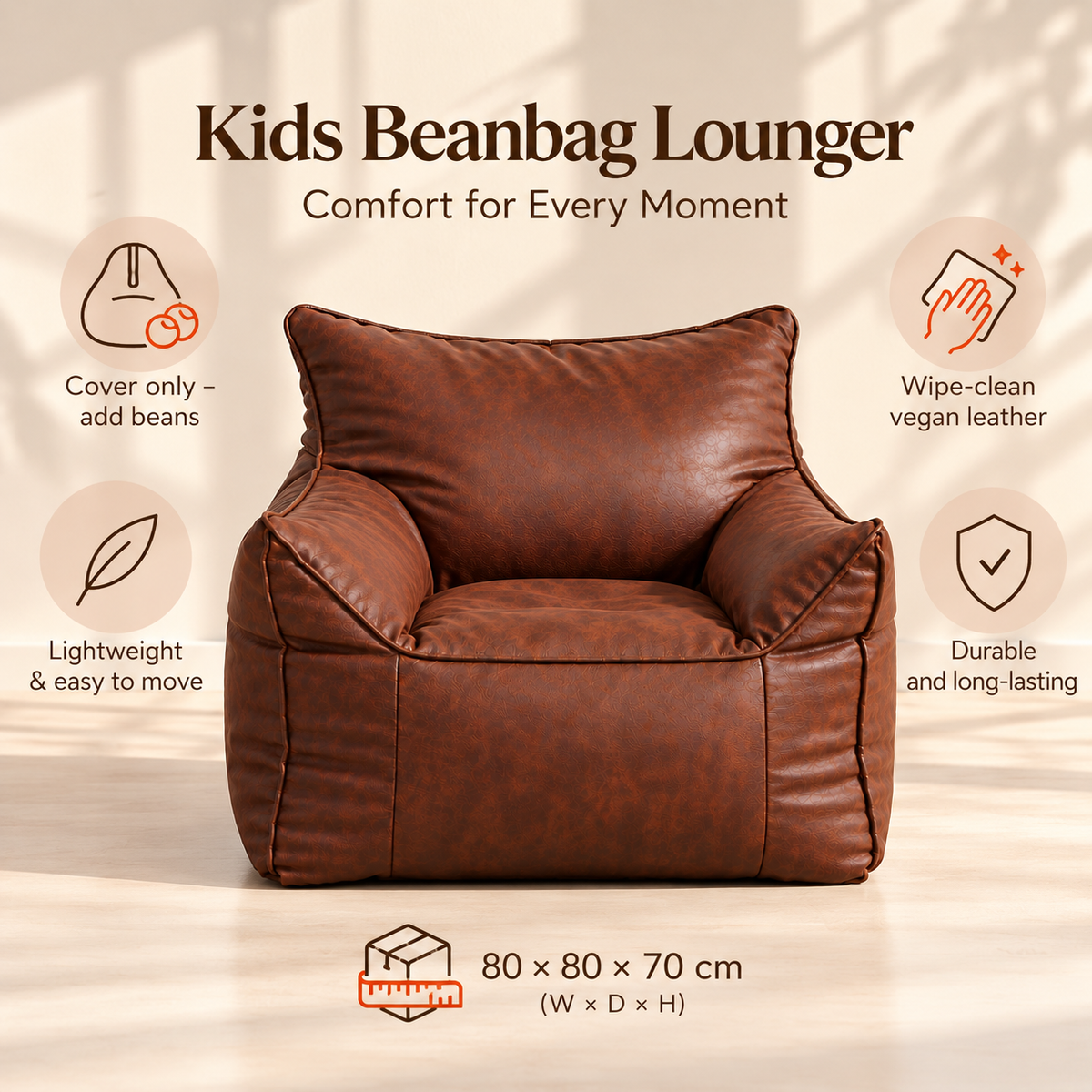 Kids Bean Bag Lounger Cover in Faux Leather, Brown