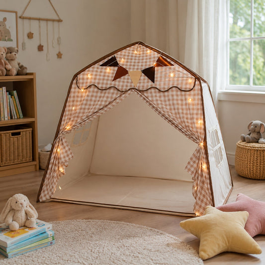 Kids Canopy Play Tent with Fibreglass Rods, Beige Gingham
