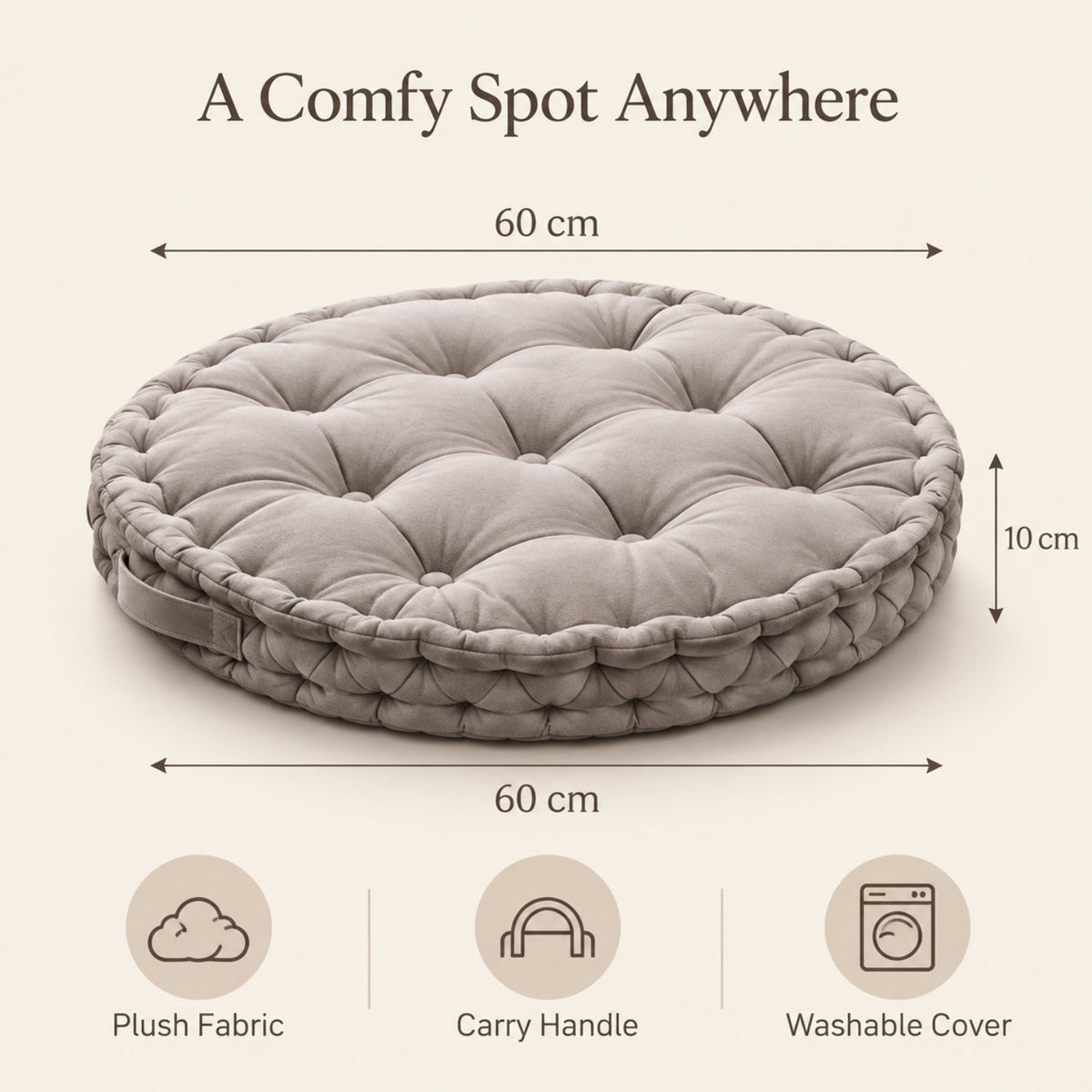 Kids Floor Cushion with Carry Handle – Plush Fabric, 60 cm, Gray