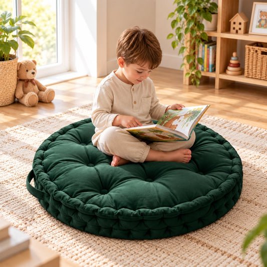 Kids Floor Cushion with Carry Handle – Plush Fabric, 60 cm, Green