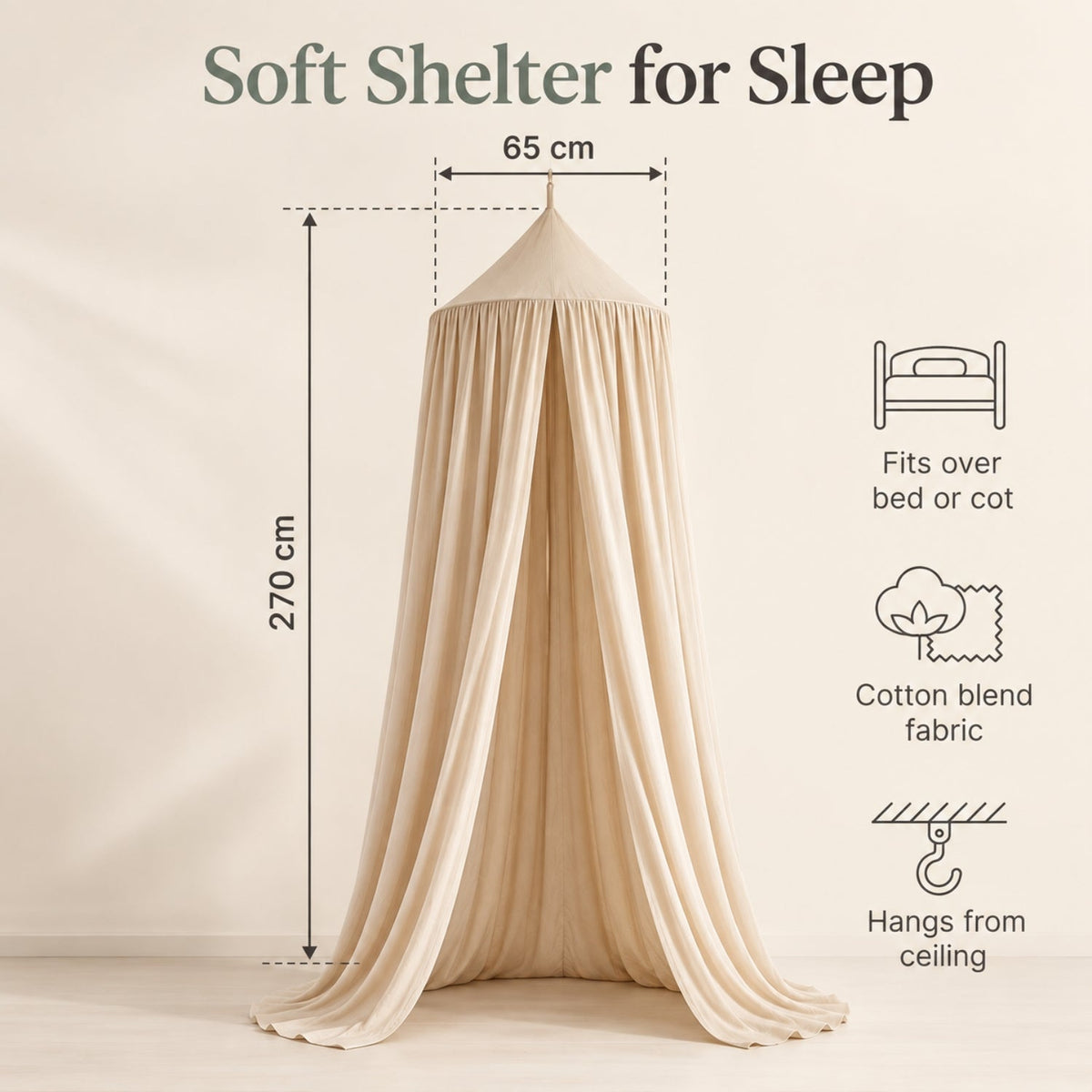 Kids Hanging Bed Canopy for Reading Dens, 270 cm – Light Beige