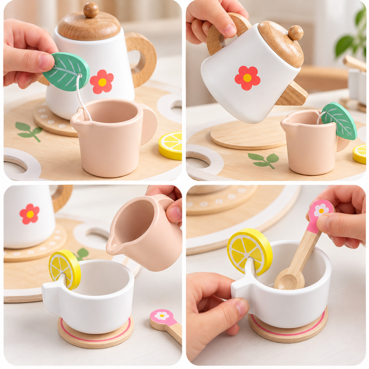 Wooden Tea Party Pretend Play Set with Cups, Tray and Desserts