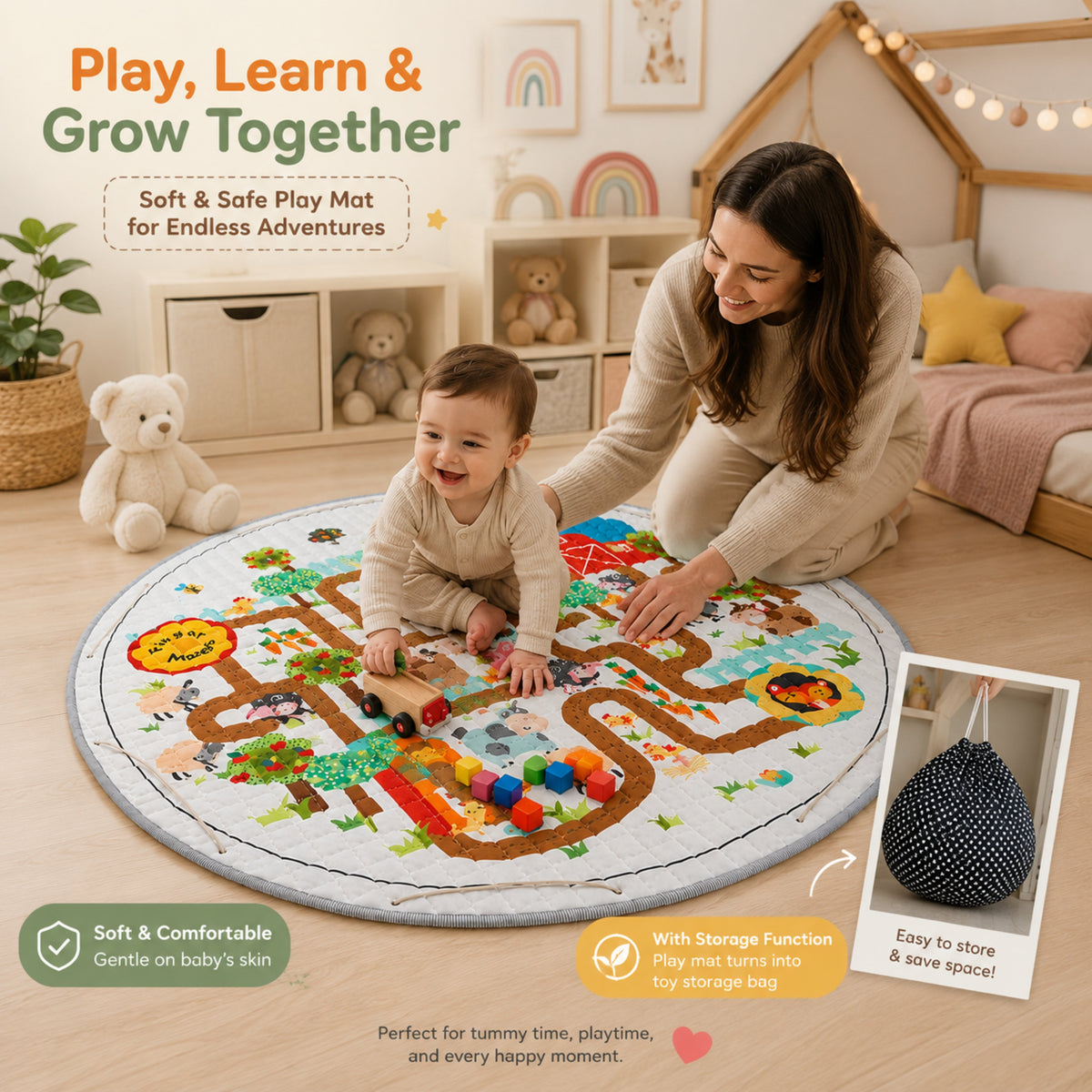 Quilted Baby Play Mat with Farm Maze Print, 150 cm