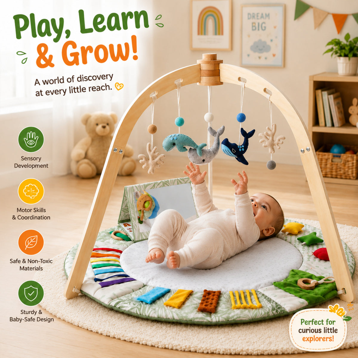 Ocean Baby Play Gym with Wooden Arches and Sensory Activity Mat