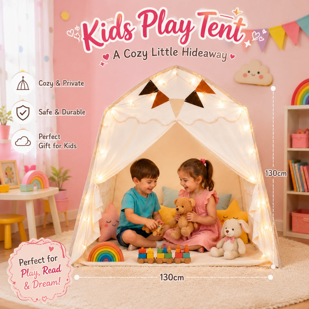 Kids Canopy Play Tent with Fibreglass Rods, Beige