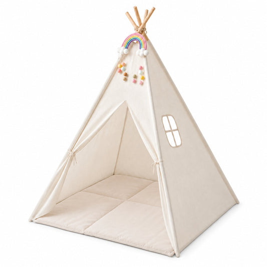 Cotton Canvas Kids Teepee Play Tent with Padded Mat, Cream White