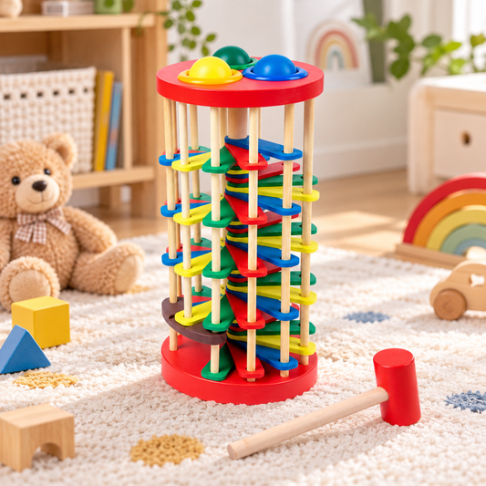 Wooden Tap and Roll Ball Tower with Hammer, Rainbow