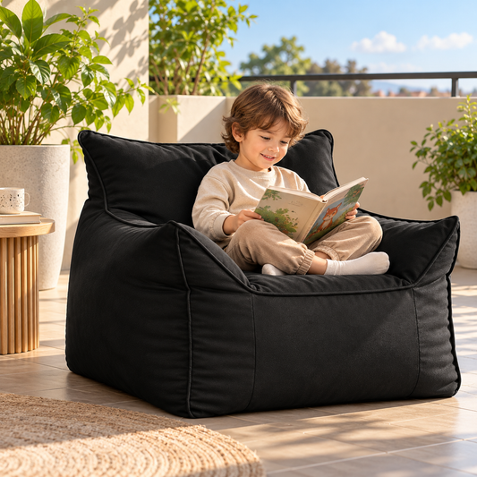 Kids Bean Bag Lounger Cover in Faux Leather, Black