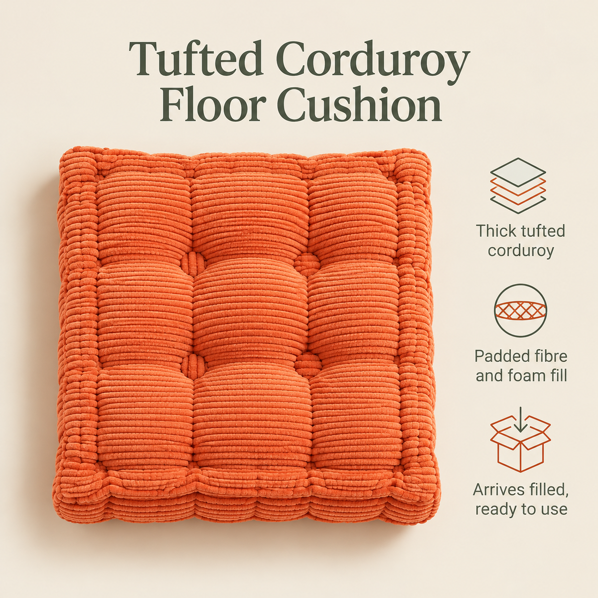 Tufted Corduroy Floor Cushion for Kids, Filled – 60 cm, Orange