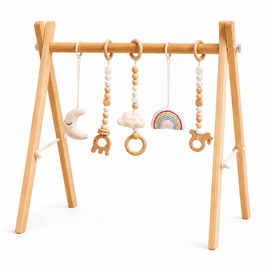 Wooden Baby Play Gym Frame with Six Hanging Toys – Natural Wood