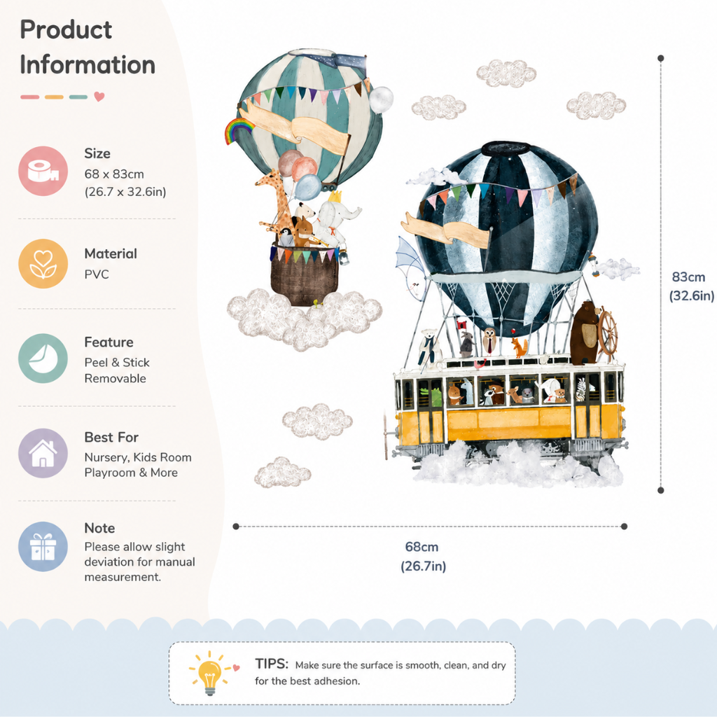 Hot Air Balloon Wall Stickers, Removable Vinyl
