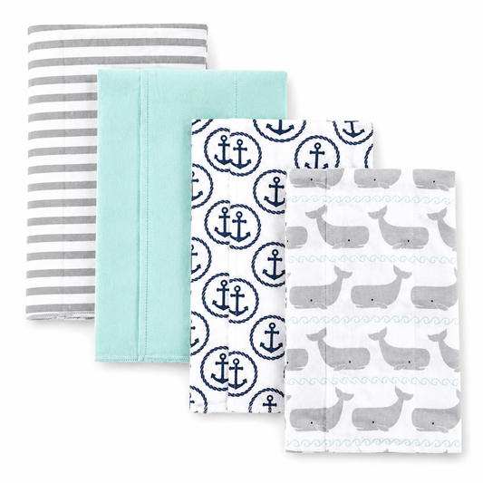 Flannel Cotton Burp Cloth Set of 4 with Whale Print