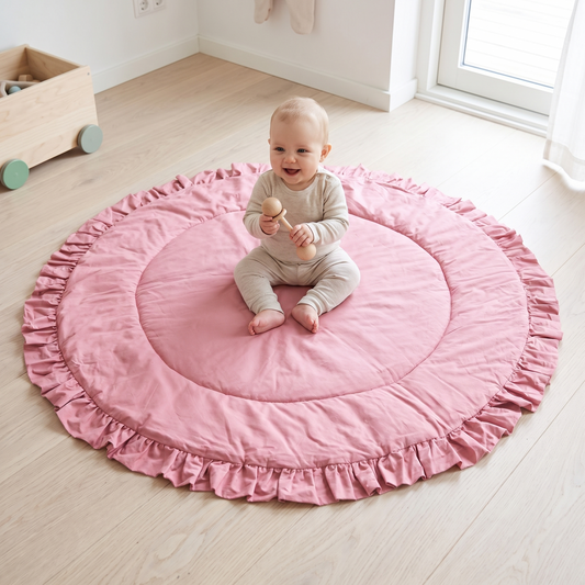 Reversible Round Quilted Cotton Play Mat with Ruffle Trim – Rose, 125 cm