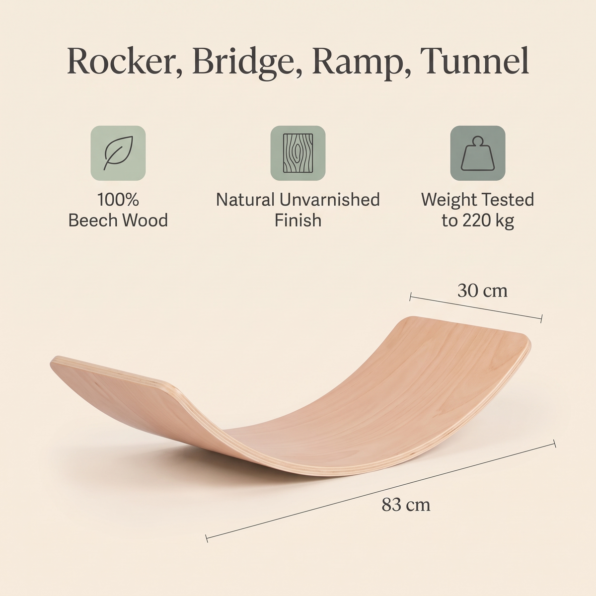 Wooden Balance Board in Natural Beech, Unvarnished – 83 cm
