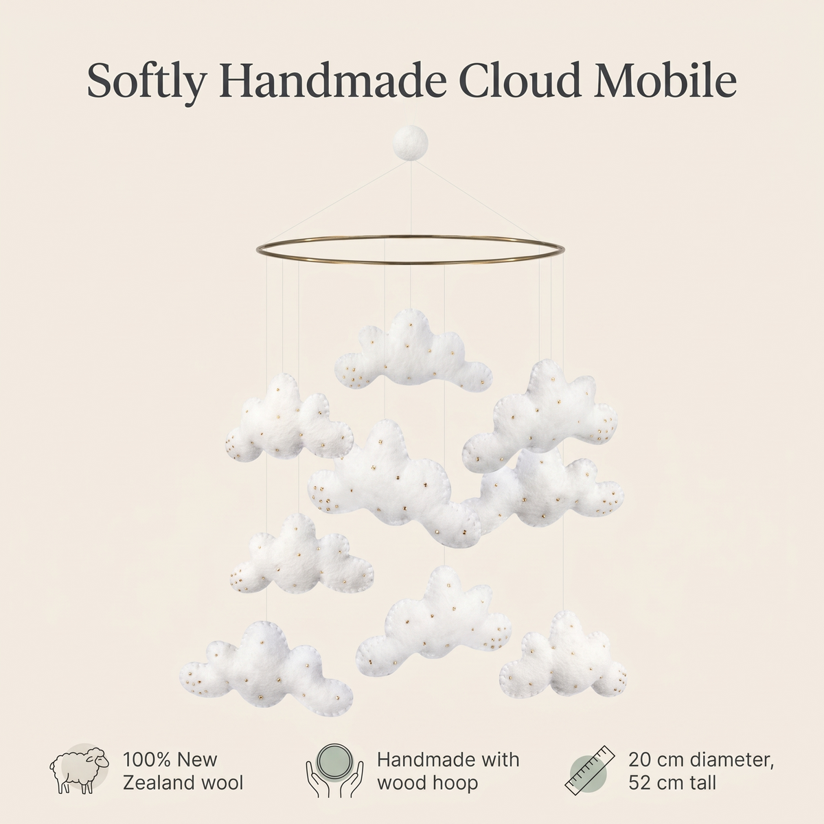 Wool Felt Nursery Mobile with Clouds, Off-White