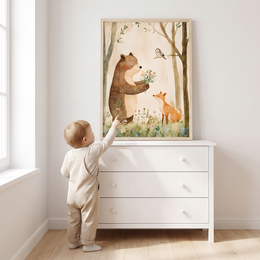 Woodland Bear and Forest Friends Wall Art Print, Blush and Sage