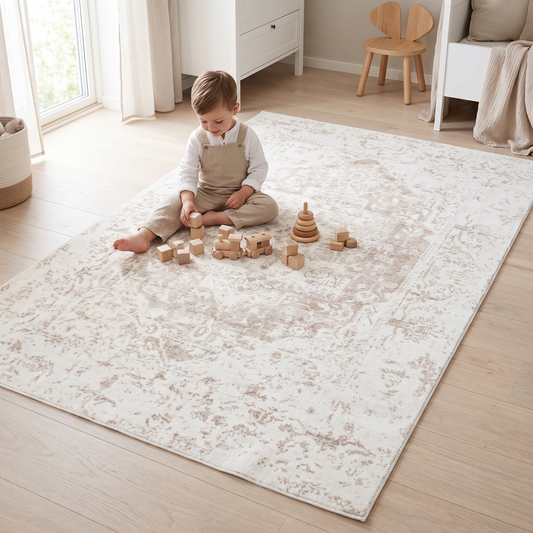 Washable Kids Rug with Distressed Ornate Pattern, Cream and Beige – 180 x 120 cm