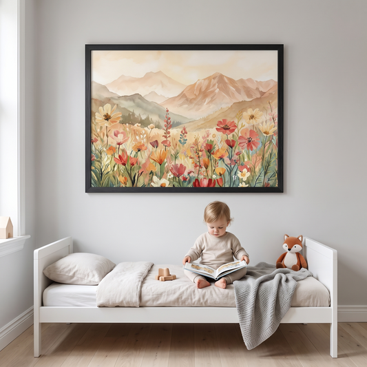 Mountain Meadow Wildflower Wall Art Print, Warm Earth Tones