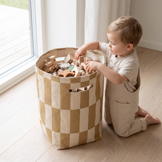 Large Cotton Toy Storage Basket, Mustard and Sand Tiles
