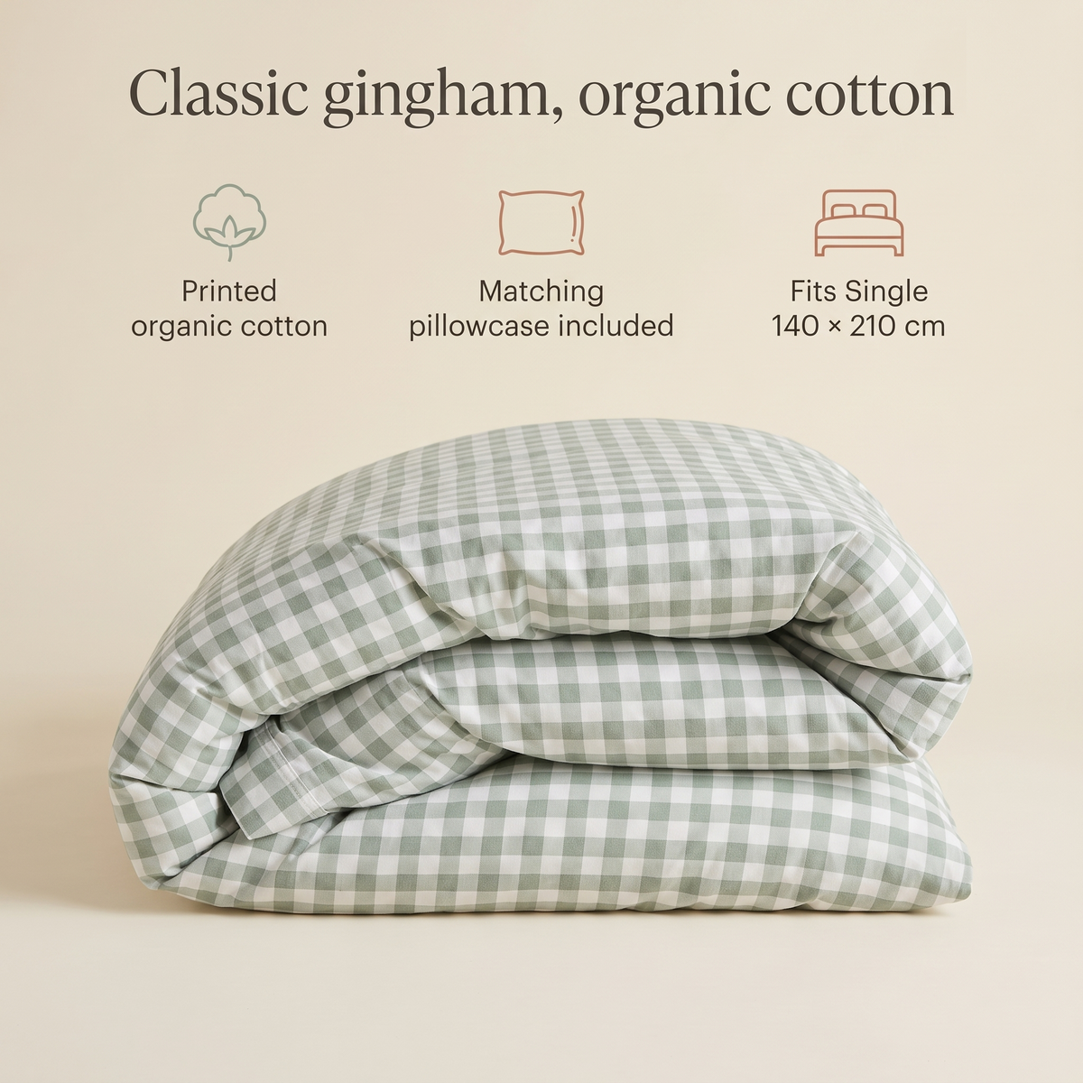 Kids Gingham Cotton Quilt Cover for Single Beds, Sage