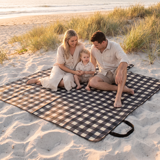 Roll-Up Picnic Rug with Foam Lining and Peg Loops, Black Check