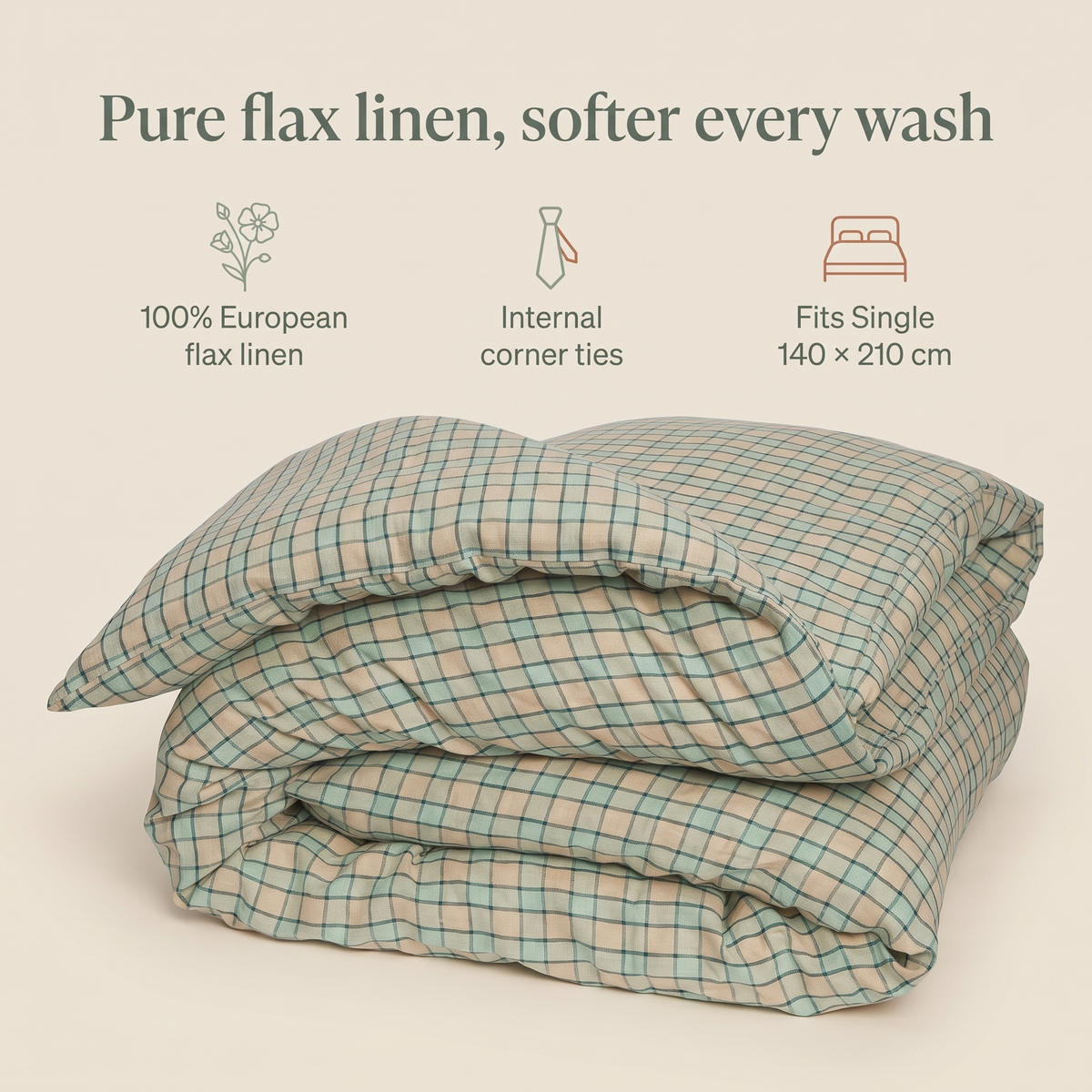 Linen Kids Quilt Cover with Corner Ties, Single – Sage, 140 x 210 cm