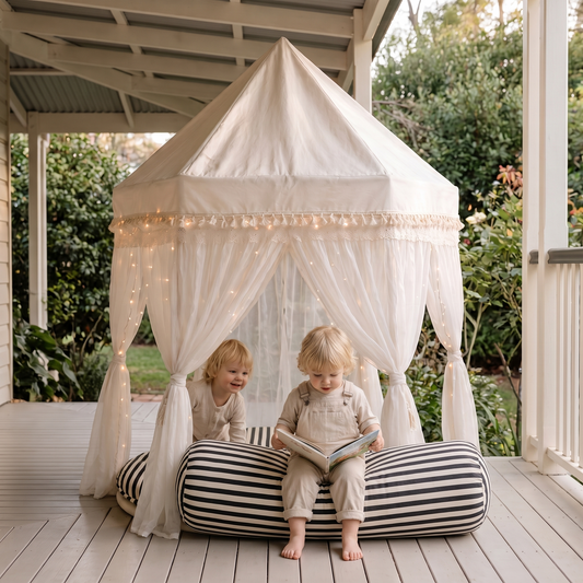 Fairytale Tent Reading Corner Set with Support Pillow and USB Fairy Lights, Ivory