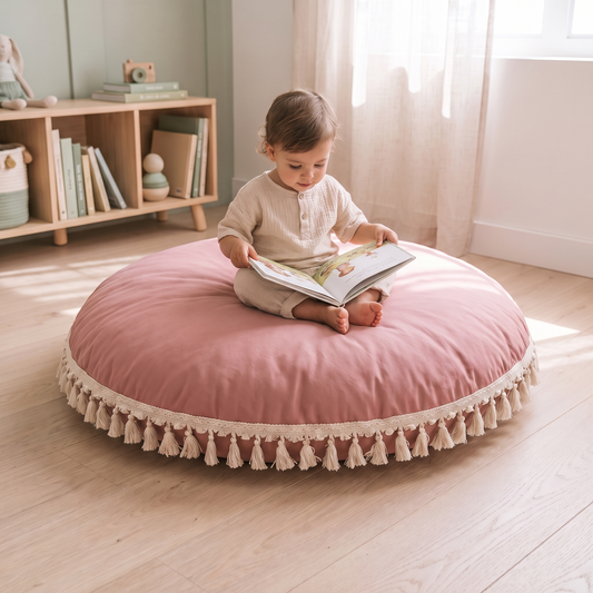 Large Round Floor Cushion Cover with Corner Tassels – Cotton, 90 cm, Rose