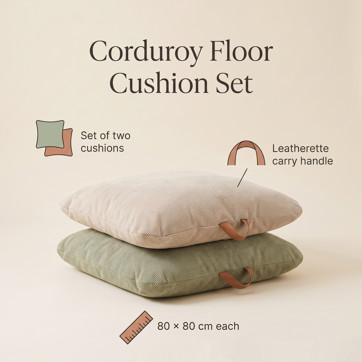 Corduroy Floor Cushions with Carry Handles, Sage and Oat – Set of 2, 80 x 80 cm