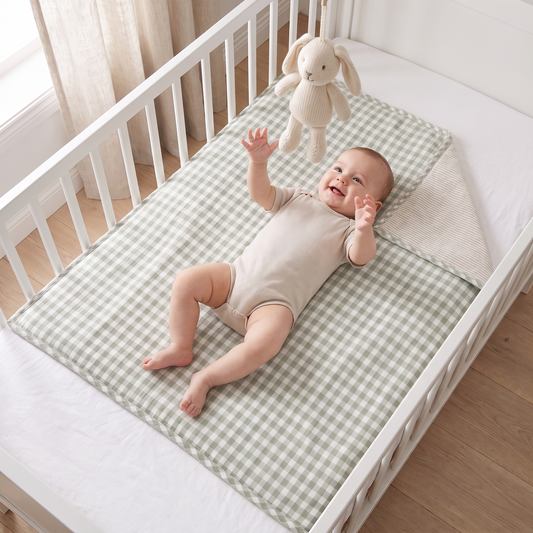 Reversible Linen Cot Quilt with Gingham and Stripe Sides – 100 x 120 cm