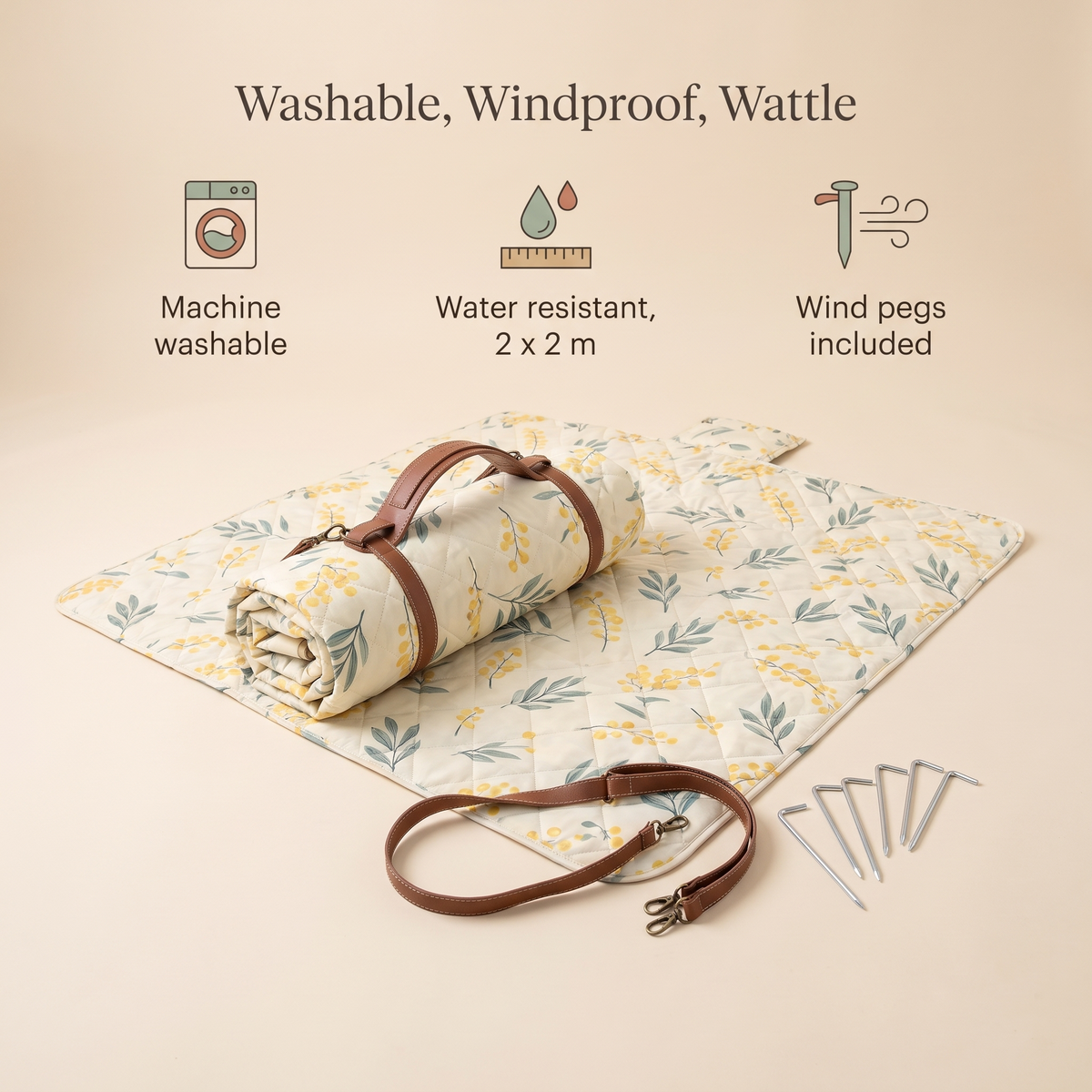 Machine-Washable Picnic Rug with Wind Pegs, Wattle Print