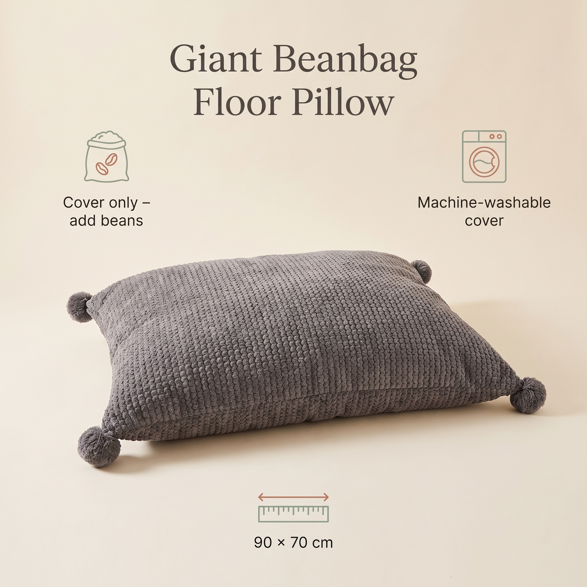 Giant Kids Bean Bag Floor Pillow Cover in Waffle Cord, Charcoal