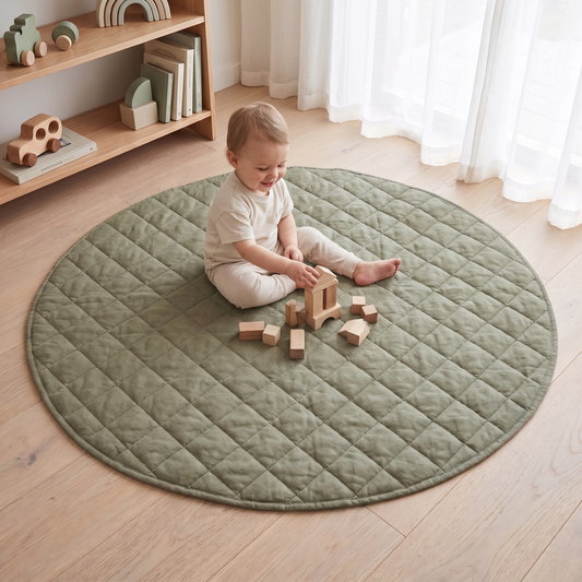 Quilted French Linen Round Play Mat – Olive, 115 cm
