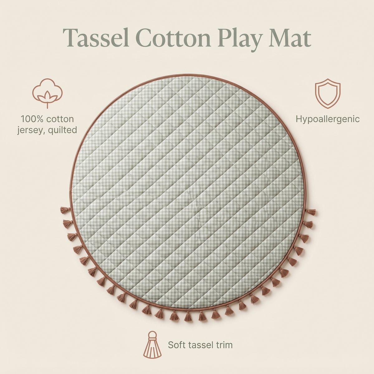 Quilted Cotton Jersey Round Play Mat with Tassel Trim – Sage Gingham, 110 cm
