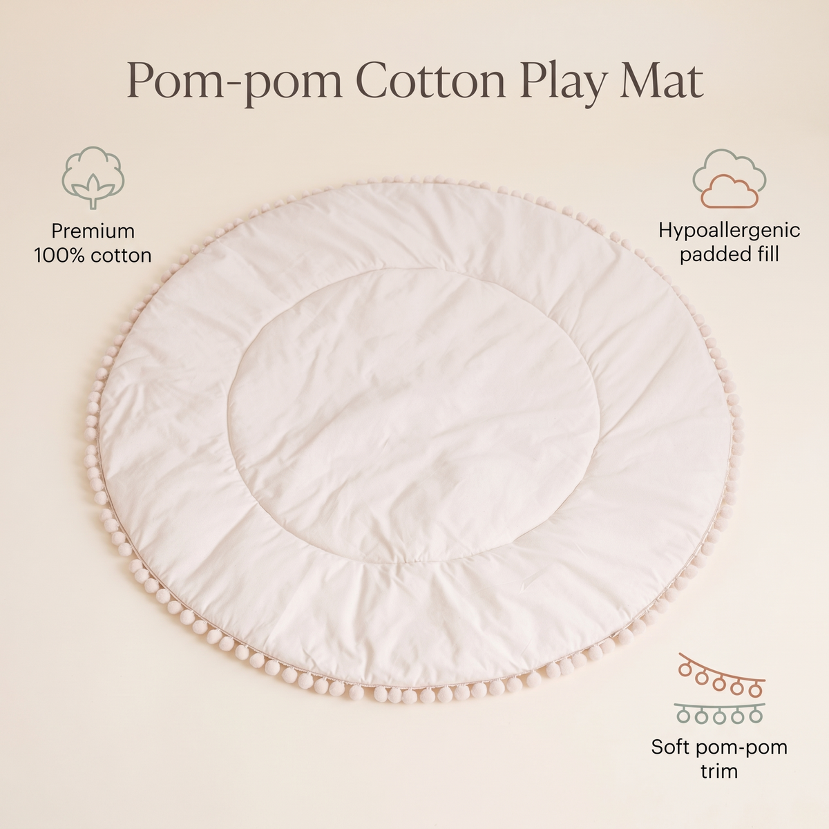Quilted Cotton Round Play Mat with Pom-Pom Trim – Oat, 110 cm