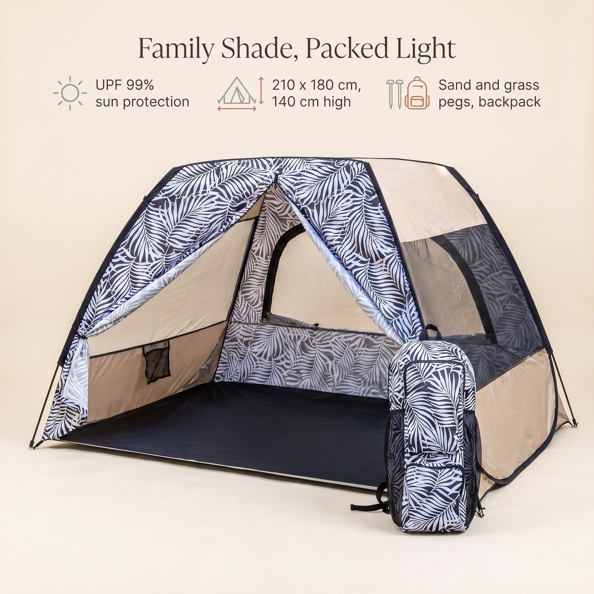 Family Pop-Up Beach Tent with Sand and Grass Pegs and Backpack, Sand Stripe
