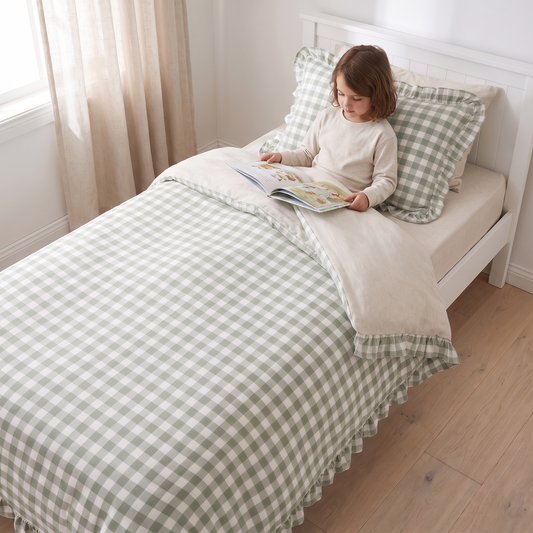 Single Quilt Cover and Ruffle Pillowcase Set, Sage Gingham