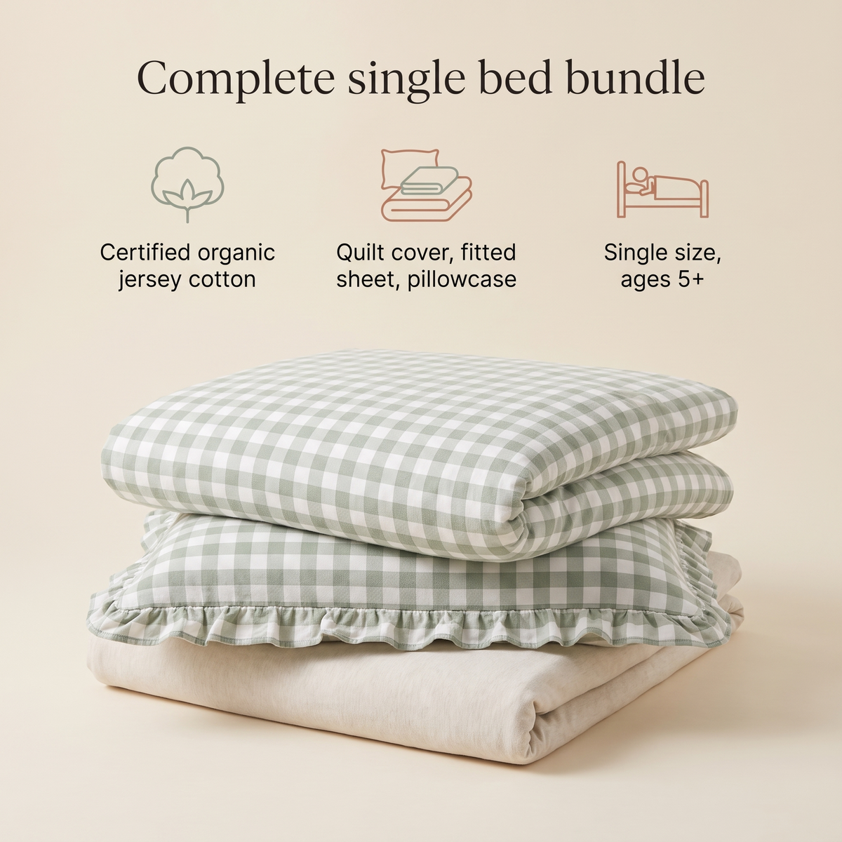 Single Quilt Cover and Ruffle Pillowcase Set, Sage Gingham