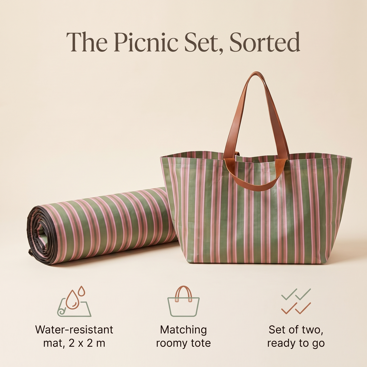 Roll-Up Picnic Rug and Woven Beach Bag Set, Olive Check