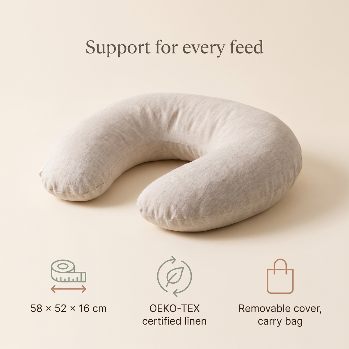 U-Shaped Linen Nursing Pillow with Removable Cover and Carry Bag, Natural Oat